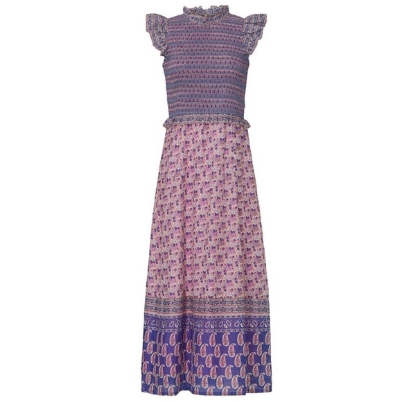 SEA NY Lilac Floral Paisley Stripe Smocked Ruffle Trim Flutter Sleeve Dress 2 - Picture 13 of 14